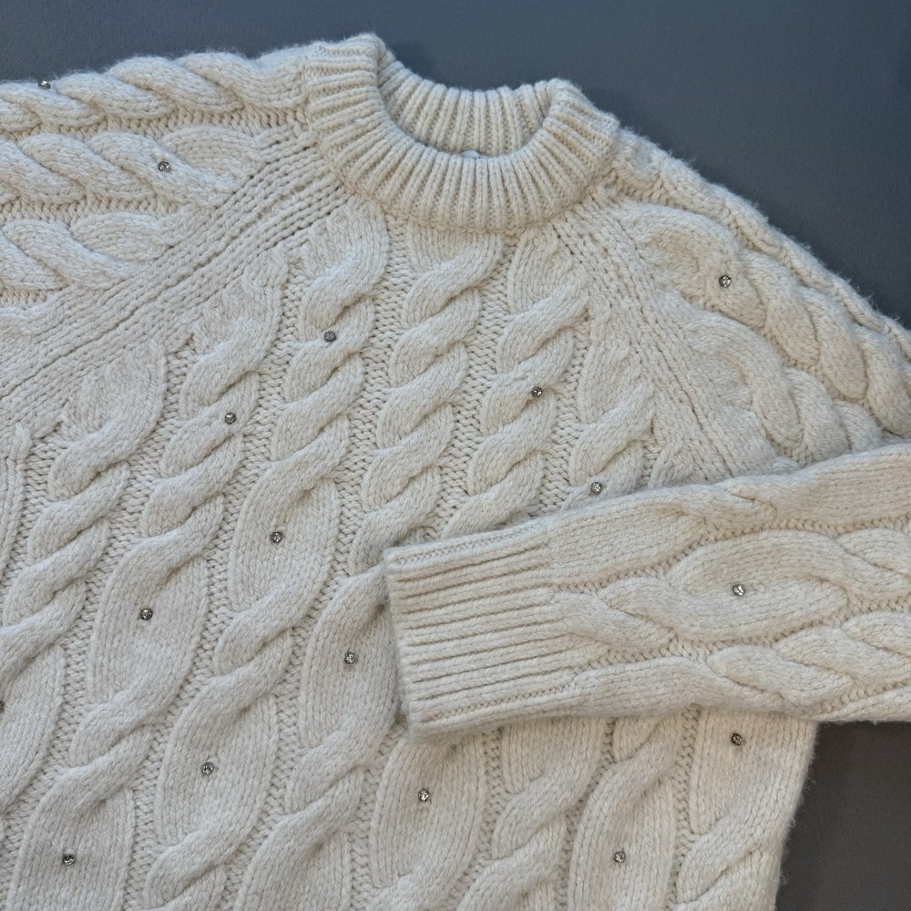ZARA Sweater Cable Knit With Rhinestones Crew Neck Medium - Picture 2 of 10